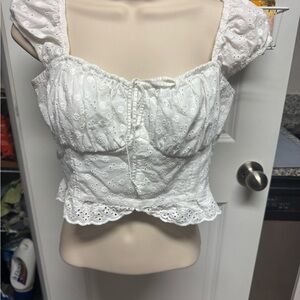 Hollister White Eyelet Tie-Front Peplum Crop Top